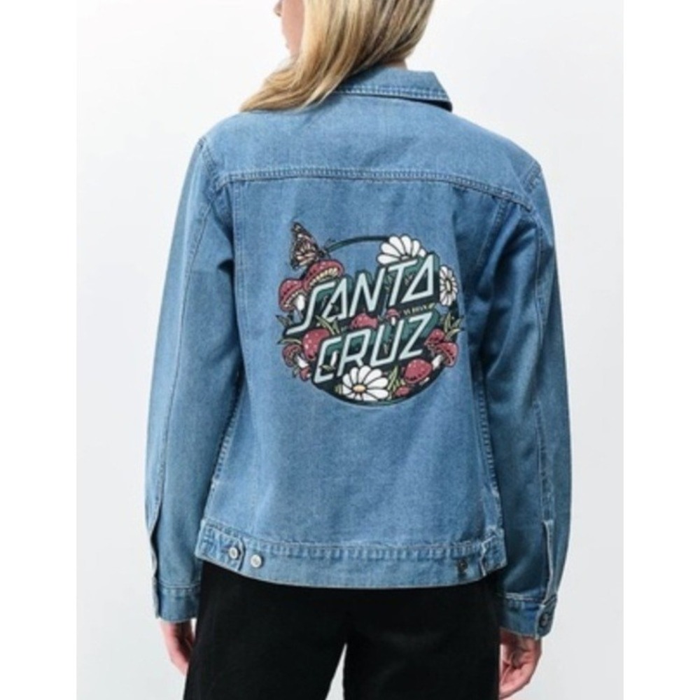 Santa Cruz Denim Jean Jacket Skater Grungy Women Small Hippie Mushrooms Logo